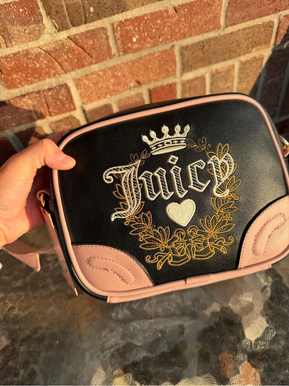 Juicy Couture Black & Pink Embroidered Heritage Crossbody Bag